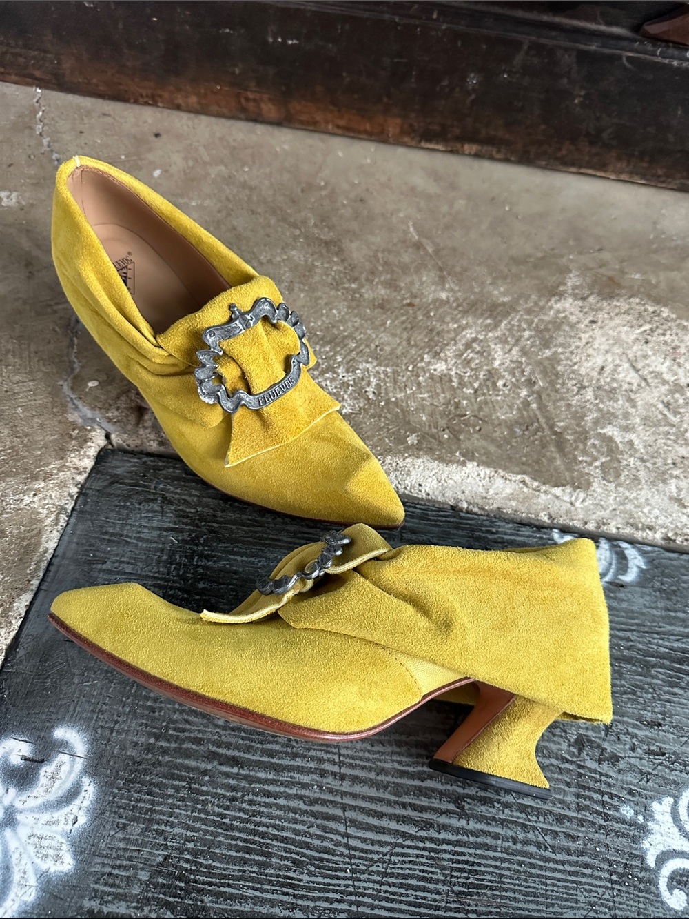 Fluevog Juliette Suede Pointed Toe Heels with Decorative Buckle. - Picture 6 of 10